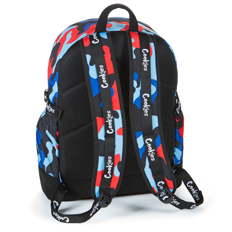 Cookies Off The Grid Smell Proof Backpack Blue and Red Camo Back