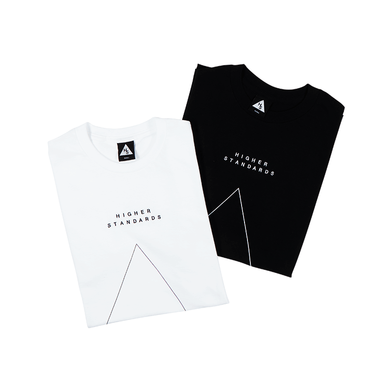 Higher Standards T-Shirt - Embroidered Triangle Black and White